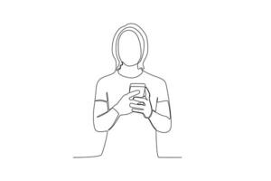 One continuous line drawing of a young man typing a message using his cell phone facing forward vector