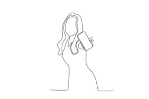 One continuous line drawing of a woman showing her cell phone with her left hand facing forward vector