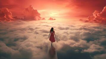 Human watching spectacular view of mists,  Aerial view White clouds in sky. Aerial top view cloud scape, Generative AI illustration photo