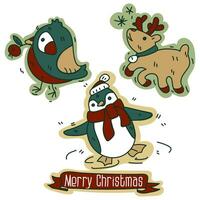 A set of colored objects to create a retro Christmas mood with the help of noise. Vector illustrations drawn by hand. Drawings of Christmas animals. Cute cozy details bird, penguin, deer