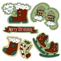 A set of colored objects to create a retro Christmas mood with the help of noise. Vector illustrations drawn by hand. Drawings of Christmas elements. Cute cozy details skates, mittens, socks, candy