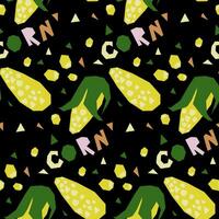 Seamless pattern in the form of geometric corn, hand-drawn, with an inscription. Vector illustration of vegetables in whole and in section. For wrapping paper, street festival, farmer's market