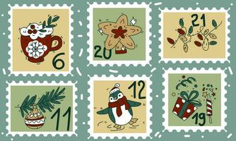 A set of cute hand-drawn postage stamps with Christmas and New Year attributes, a mug with cocoa, a star, a penguin, a garland, confetti and numbers. Fashionable vector illustrations in cartoon style