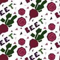 Seamless pattern in the form of a geometric beet, hand-drawn, with an inscription. Vector illustration of vegetables in whole and in section. For wrapping paper, street festival, farmer's market