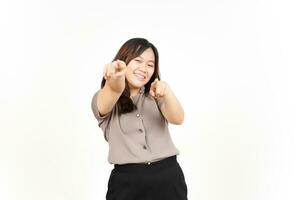 Smile and Pointing at Camera, Want You Gesture Of Beautiful Asian Woman Isolated On White Background photo