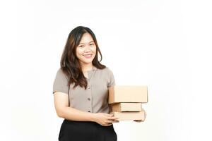 Holding Package Box or Cardboard Box Of Beautiful Asian Woman Isolated On White Background photo