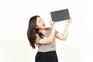 Showing, Presenting and holding Blank Blackboard Of Beautiful Asian Woman Isolated On White photo