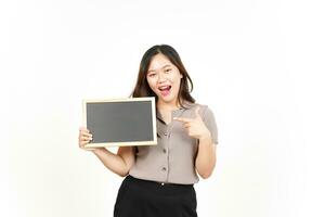 Showing, Presenting and holding Blank Blackboard Of Beautiful Asian Woman Isolated On White photo