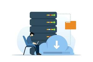 nube almacenamiento concepto, demostración personas trabajando en un nube sincronizar centrar computadora tecnología, datos almacenamiento en nube servidores, en línea almacenamiento acceso, plano vector ilustración en un blanco antecedentes.