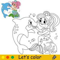 niños colorante pequeño sirena y un delfín vector