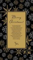 Merry Christmas and Happy New Year vertical greeting card with hand drawn golden five pointed stars and snowflakes. Vector illustration in sketch style. Social media stories template