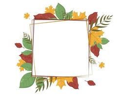 Autumn green, red and yellow leaves frame lettering. Vector llustration with place for text, photo. Thanksgiving Design element for invitation, card, web, background, social media, banners, flyers.