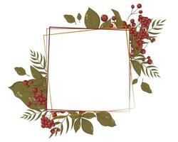 Autumn green leaves and red berries frame lettering. Vector llustration with place for text, photo. Thanksgiving Design element for invitation, card, web, background, social media, banners, flyers.