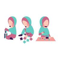 Set Of Hijab Girl Playing Blocks vector