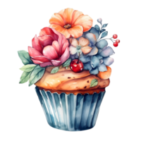 Aquarell Cupcake dekoriert mit Blumen auf transparent Hintergrund. romantisch Konzept. können de benutzt zum Hochzeit Einladung, Karten. generativ ai png