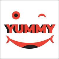 yummy logo illustration vector design with smiling eyes and mouth. suitable for logos, posters, websites, templates, icons, t-shirt designs, stickers, concepts, companies, advertisements.