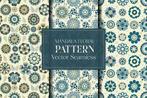 Mandala floral cute blue pastel seamless repeat pattern set vector