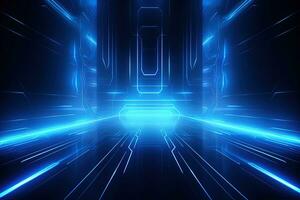 Abstract neon blue background, cyber space, parallel universe, lines, stripes, glow. AI generated photo