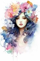 Watercolor art, female portrait, non-existent character, fictional girl. AI generated photo
