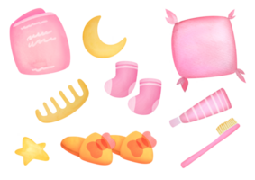 cute watercolor set of bedtime elements on transparent background. pink cozy Sleep time objects for baby evening routine. collection of pillow, toothpaste, brush, comb for detangling hair, book, star png