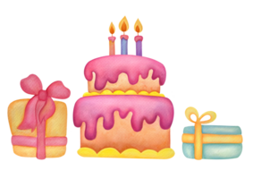 cute watercolor set with cake and bright gift boxes isolated on transparent background. Clipart collection happy birthday png