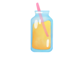 hand drawn Watercolor glass of lemon homemade lemonade with drinking tube isolated on transparent background. Refreshing cool drink, orange juice, multifruit, mango, pineapple soda. front view clipart png