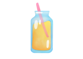 hand drawn Watercolor glass of lemon homemade lemonade with drinking tube isolated on transparent background. Refreshing cool drink, orange juice, multifruit, mango, pineapple soda. front view clipart png