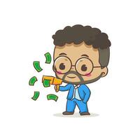 Cute father holding money gun cartoon character. African man wearing glasses concept design. Flat chibi cartoon style. Vector art illustration. Isolated white background