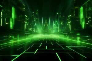 Abstract neon green background, cyber space, parallel universe, lines, stripes, glow. AI generated photo