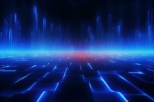 Abstract neon blue background, cyber space, parallel universe, lines, stripes, glow. AI generated photo