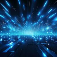 Abstract neon blue background, cyber space, parallel universe, lines, stripes, glow. AI generated photo