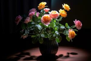 retrato de un elegante rosas arreglo adentro generativo ai foto