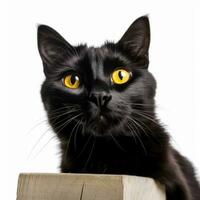 a black cat with yellow eyes sitting on top of a piece of wood generative AI photo