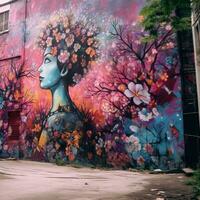 un vistoso mural de un mujer con flores en su pelo en el lado de un edificio generativo ai foto