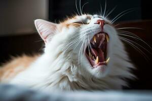 un cerca arriba de un gato bostezando con sus boca abierto generativo ai foto
