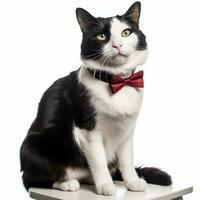 a black and white cat wearing a red bow tie generative AI photo