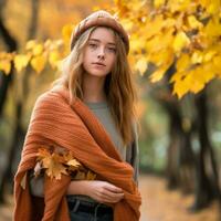 un hermosa joven mujer en un otoño parque con otoño hojas generativo ai foto