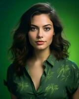 un hermosa joven mujer en un verde camisa generativo ai foto
