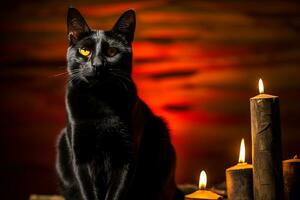 a black cat is sitting next to three candles generative AI photo