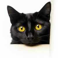 a black cat with yellow eyes peeking out from behind a wall generative AI photo