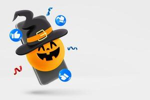 Modern smartphone with halloween emoji social media icons . 3d vector banner with copy space photo