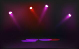 Illuminated black stage with color projectors. Realistic vector illustration