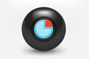 Black ball with shining pie chart icon. 3d vector illustration