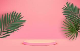 Bright illuminated pink interior with podium and green leaves. Eco friendly product showcase template. 3d vector background