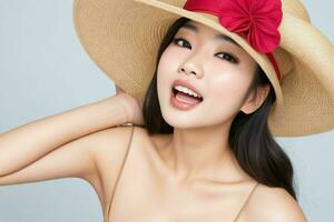 beautiful Woman with a hat bare shoulders and an open mouth photo