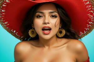 beautiful Woman with a hat bare shoulders and an open mouth photo