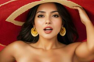 beautiful Woman with a hat bare shoulders and an open mouth photo