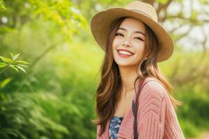 Woman smile and enjoy at nature photo