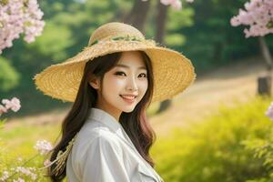 mujer sonrisa y disfrutar a naturaleza foto