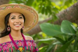 mujer sonrisa y disfrutar a naturaleza foto